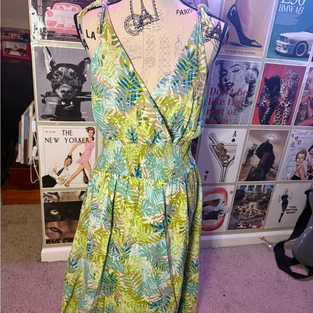 Eddie Bauer Leaf Print Green and Blue Midi Dress